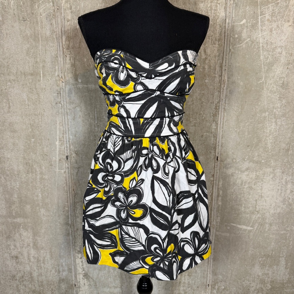 Lucy Love Strapless Floral Mini Dress Yellow Black White Sweetheart Size Small